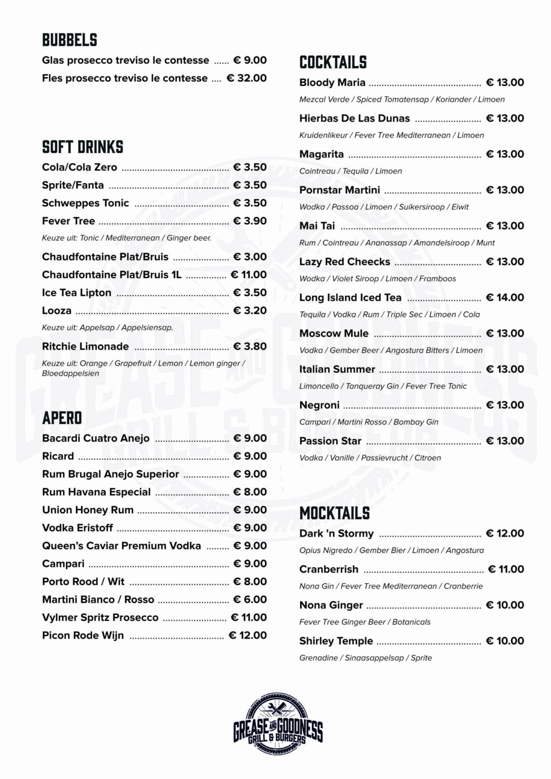 Menu - Grease and Goodness